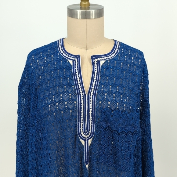 Vintage Women's Lace Kaftan Cover Up Tunic Dress Blue OS retro bohemian resort - Picture 3 of 8